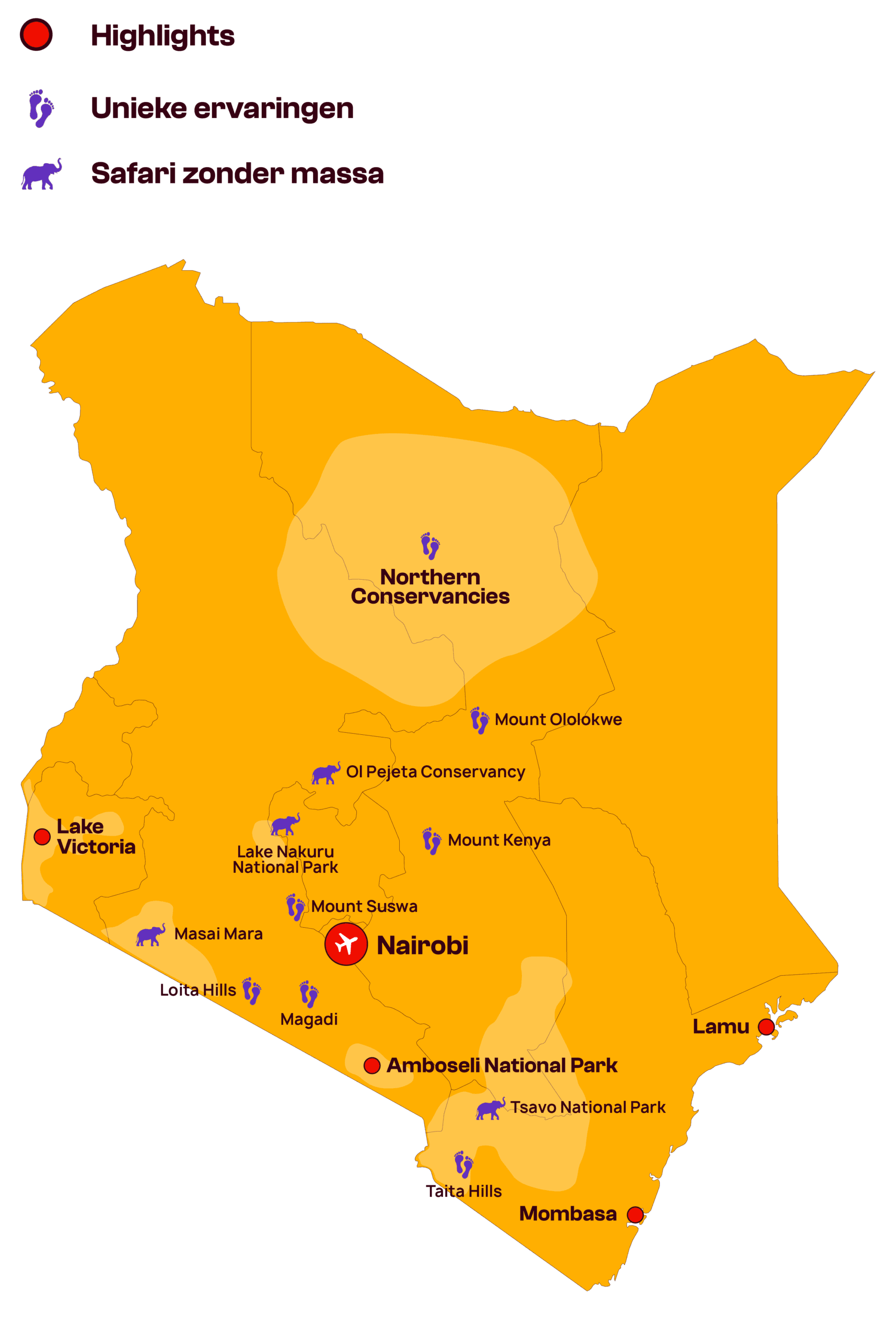 Een kaart van Kenia met hoogtepunten, unieke ervaringen en minder drukke safarilocaties. De belangrijkste plekken zijn Nairobi, Mombasa, de nationale parken Amboseli en Tsavo, het Victoriameer en de noordelijke conservatoria.