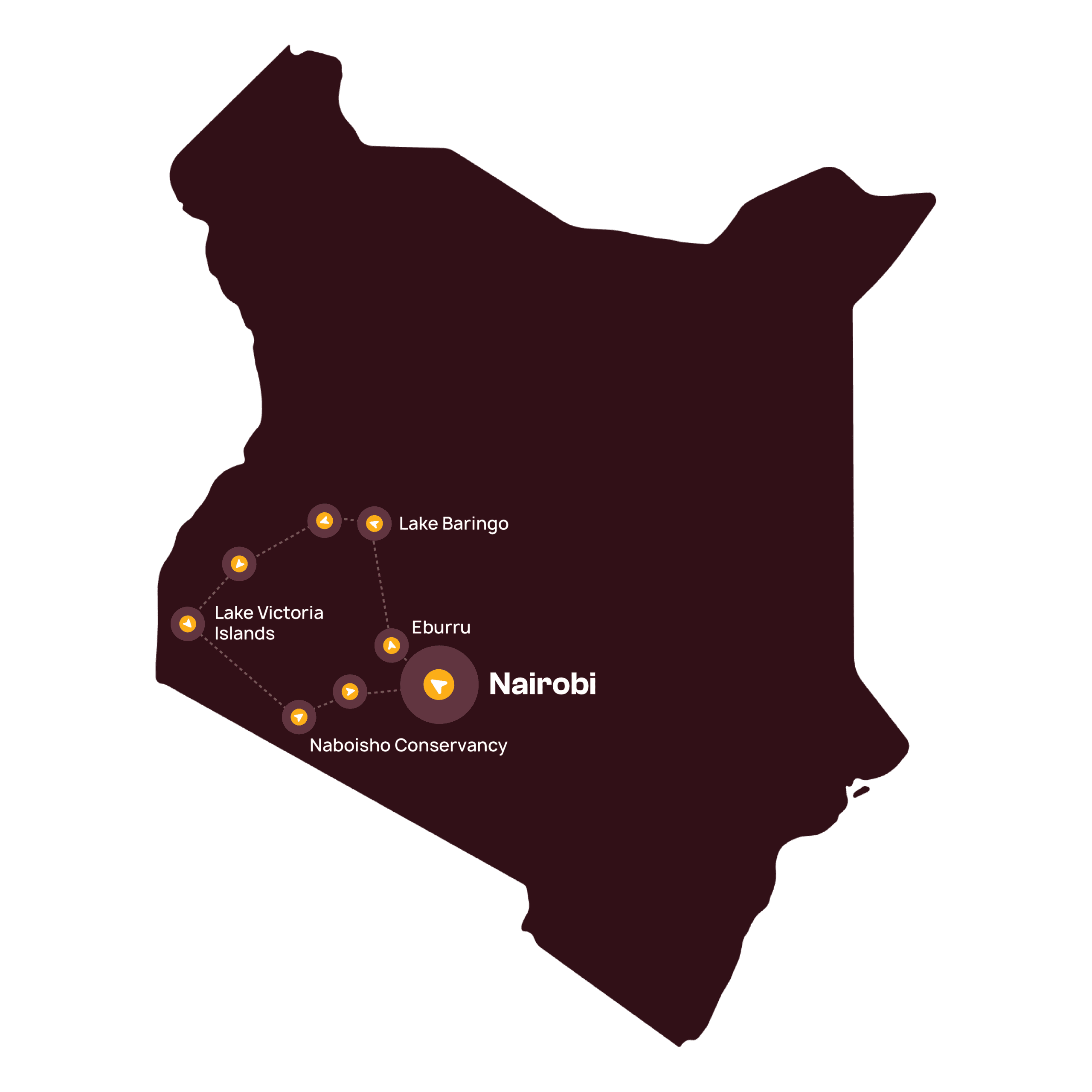 Een donkere kaart van Kenia met gelabelde locaties: Nairobi, Lake Baringo, Eburru, Lake Victoria Islands en Naboisho Conservancy, verbonden door stippellijnen die een reisroute vormen.