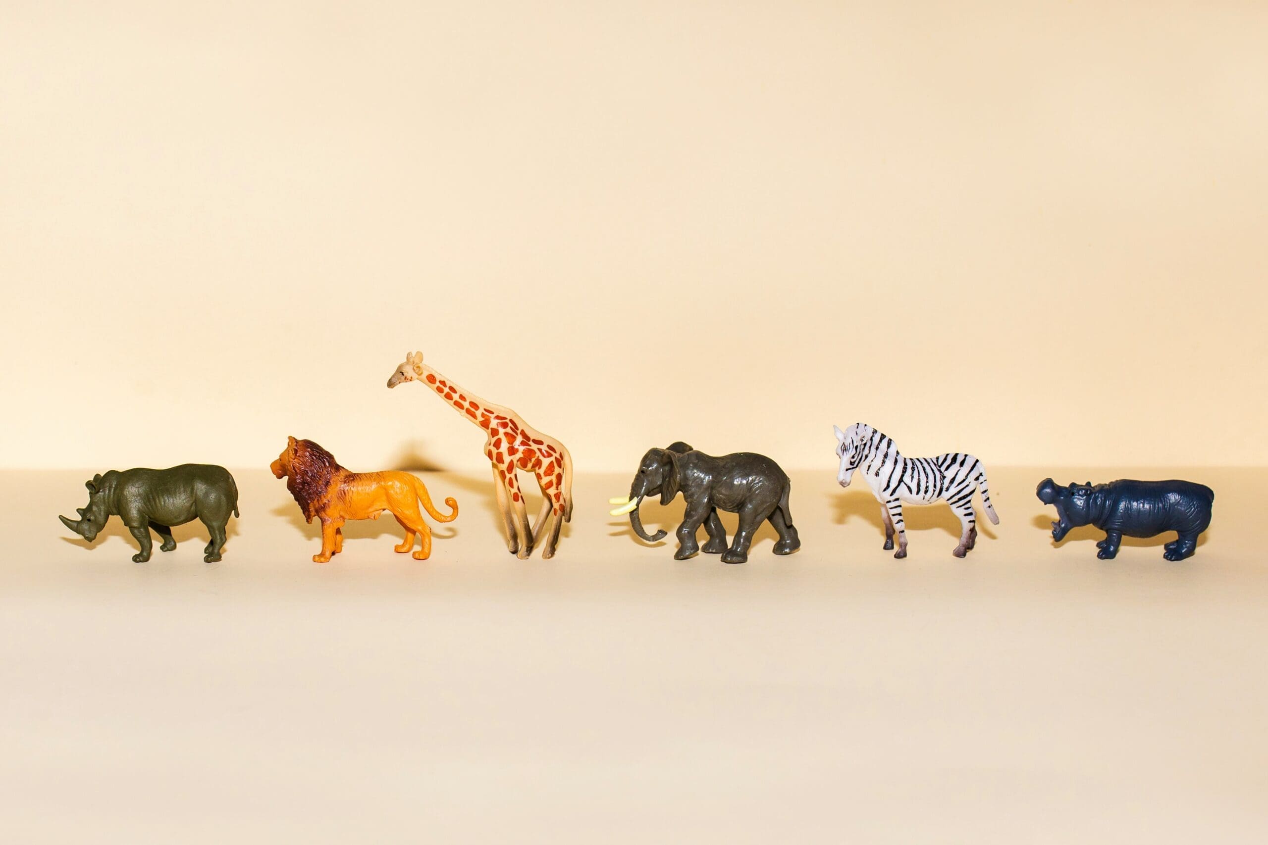 Zes plastic speelgoeddieren - een groene neushoorn, oranje leeuw, oranje giraffe, grijze olifant, witte zebra en blauw nijlpaard - staan op een rij tegen een lichtbeige achtergrond.