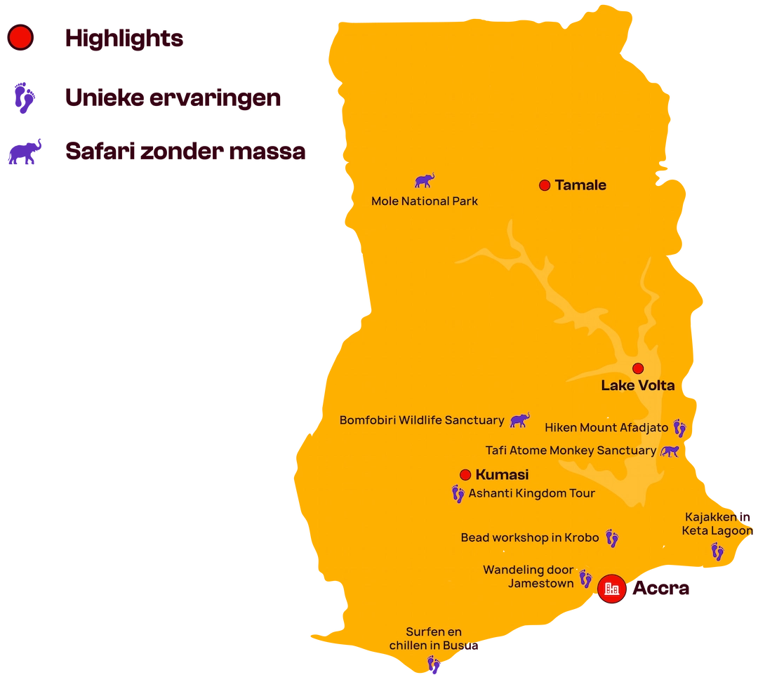 Een kaart van Ghana waarop de belangrijkste toeristische trekpleisters en unieke belevenissen zijn aangegeven, waaronder plaatsen als Accra, Kumasi, Tamale, het Voltameer en diverse safari- en natuuractiviteiten, gemarkeerd met pictogrammen en Nederlandse tekst.