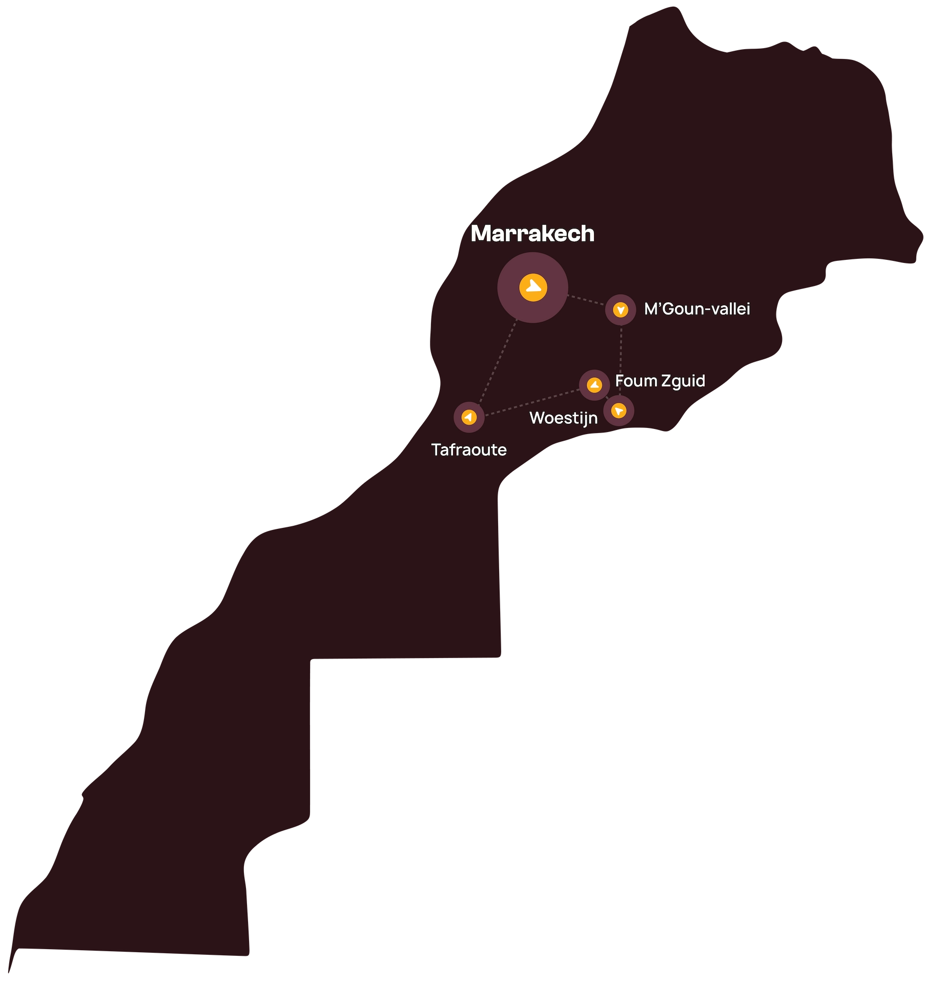 Kaart van Marokko waarop Marrakesh, Tafraoute, de M'Goun-vallei, Foum Zguid en de woestijn zijn aangegeven; deze plaatsen zijn met stippellijnen met elkaar verbonden, waardoor een reisroute wordt aangegeven.