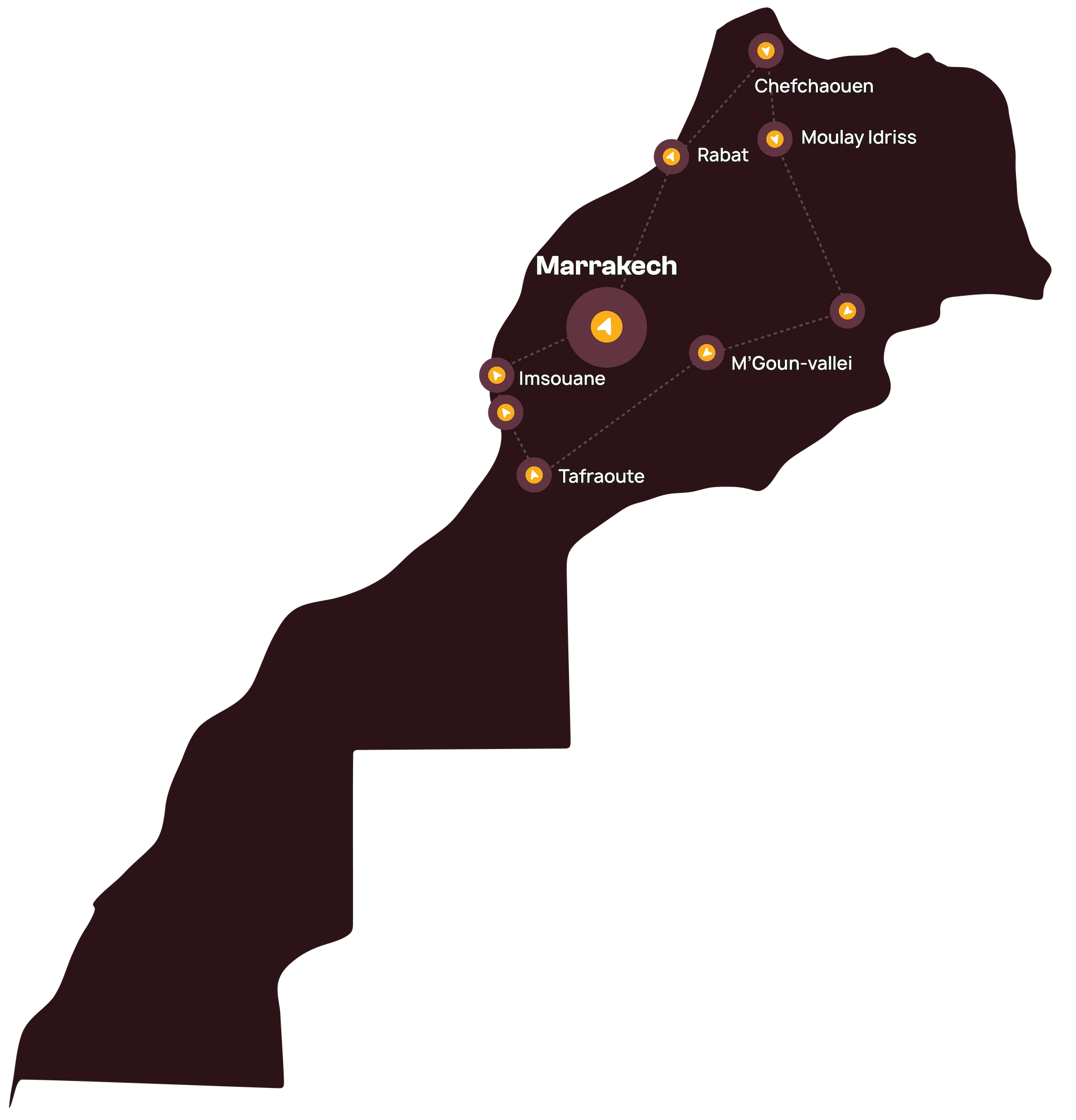 Kaart van Marokko met aangegeven plaatsen: Marrakesh, Imesouane, Tafraoute, Rabat, Chefchaouen, Moulay Idriss en de MGoun-vallei, die door stippellijnen met elkaar zijn verbonden.