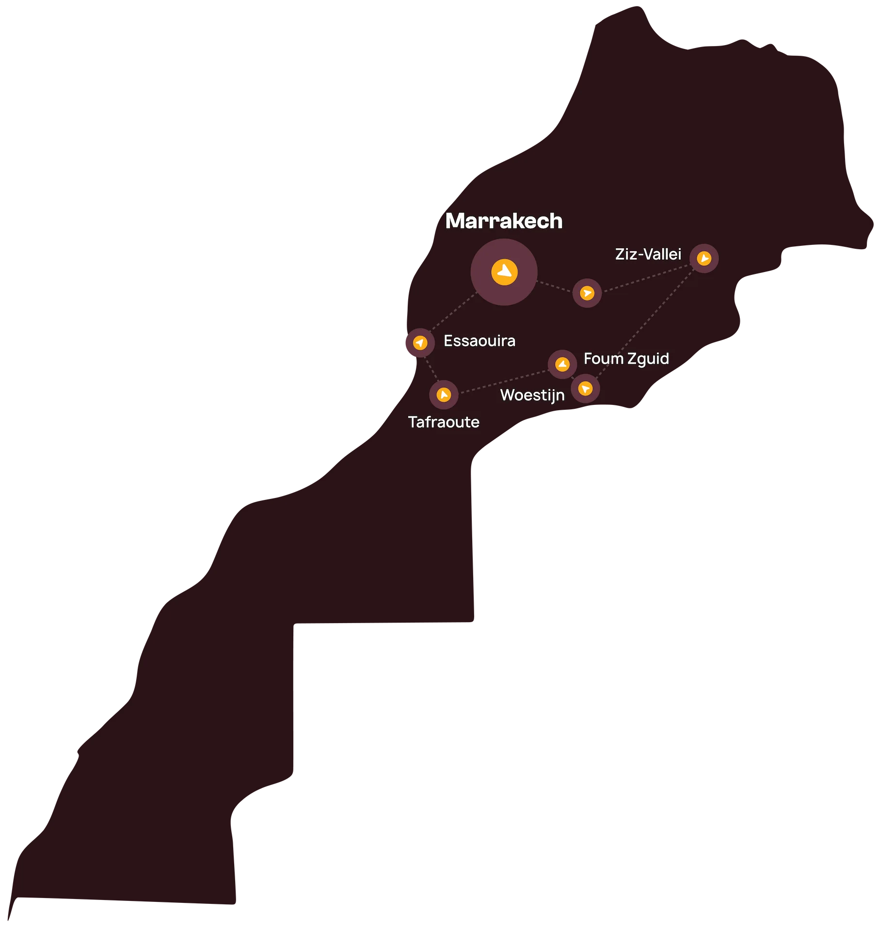 Op een donkere kaart van Marokko zijn belangrijke plaatsen aangegeven met gelabelde stippen: Marrakesh, Essaouira, Tafraoute, de woestijn, Foum Zguid en de Ziz-vallei, die door stippellijnen met elkaar zijn verbonden, waardoor een reisroute wordt aangegeven.