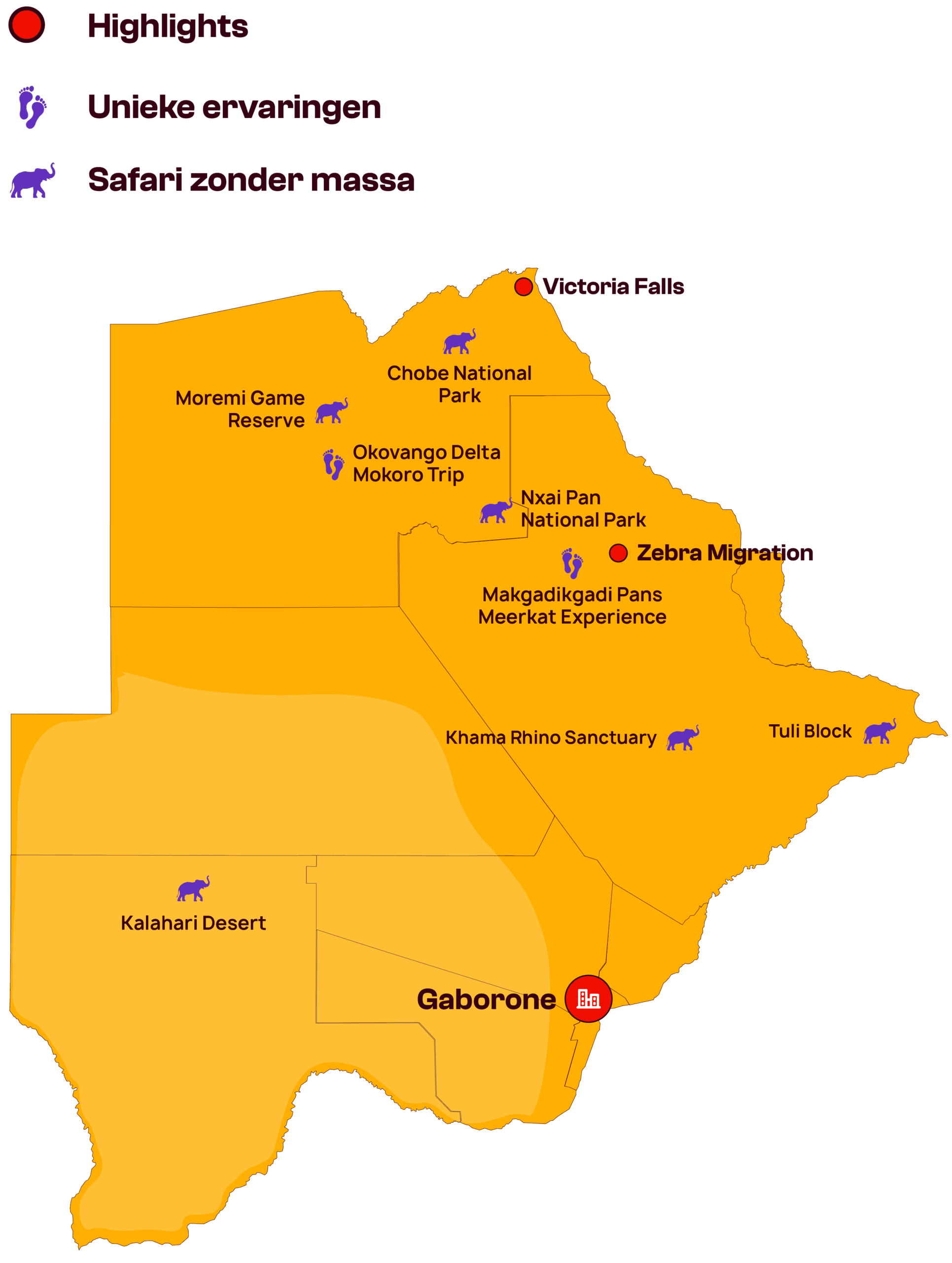 Kaart van Botswana met gemarkeerde hoogtepunten, unieke ervaringen en minder drukke safariplekken, waaronder Chobe National Park, Okavango Delta, Makgadikgadi Pans en Gaborone.