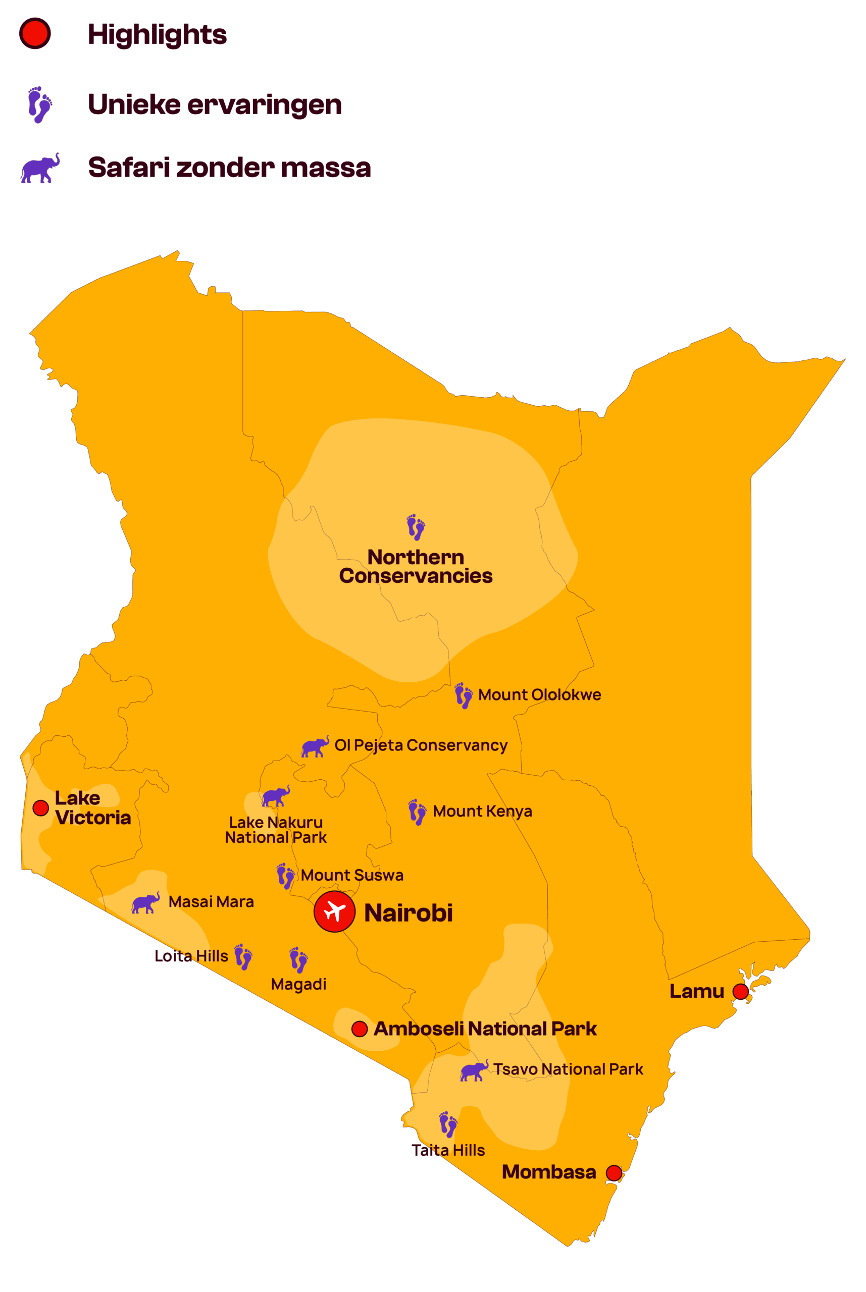 Een kaart van Kenia met hoogtepunten, unieke ervaringen en minder drukke safarilocaties. De belangrijkste plekken zijn Nairobi, Mombasa, de nationale parken Amboseli en Tsavo, het Victoriameer en de noordelijke conservatoria.
