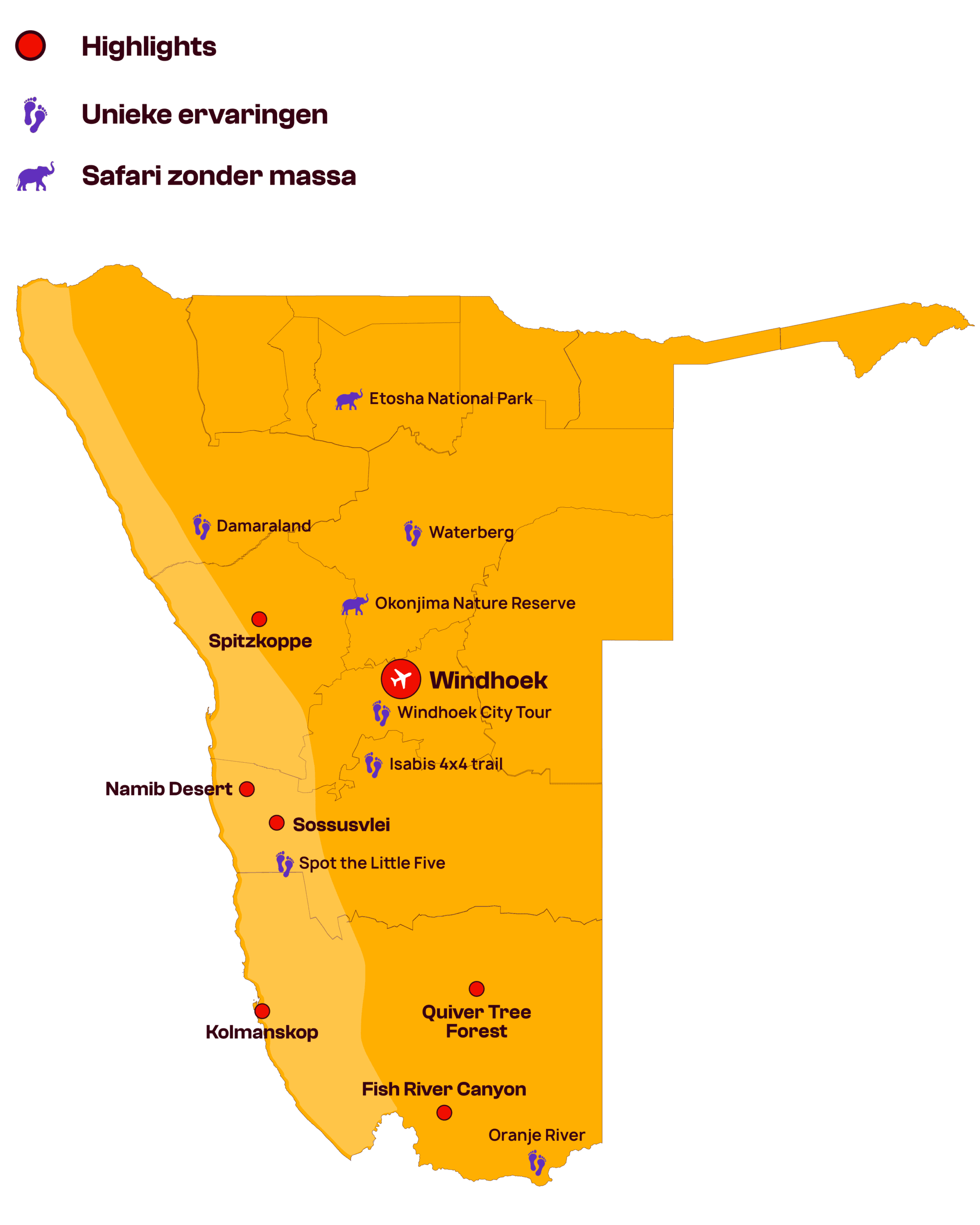 Een kaart van Namibië met gemarkeerde bestemmingen, waaronder Windhoek, Etosha National Park, Spitzkoppe, Namib Desert, Sossusvlei, Quiver Tree Forest en Fish River Canyon. Pictogrammen geven safari's en unieke ervaringen aan.