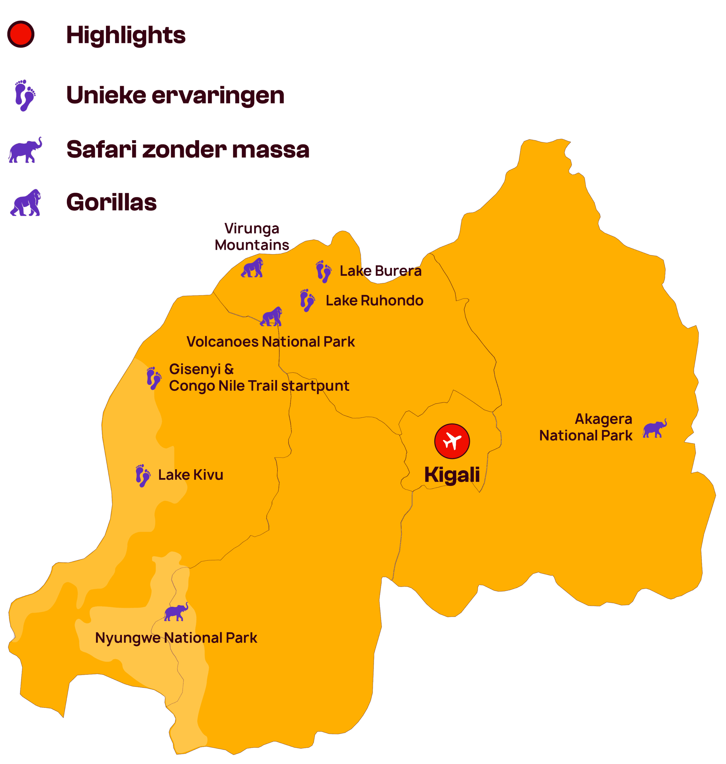 Kaart van Rwanda met toeristische locaties: Nationale parken Vulkanen, Nyungwe en Akagera, meren Kivu, Burera, Ruhondo en het Congostroompad. Pictogrammen geven gorillawaarnemingen en unieke safaribelevenissen aan.