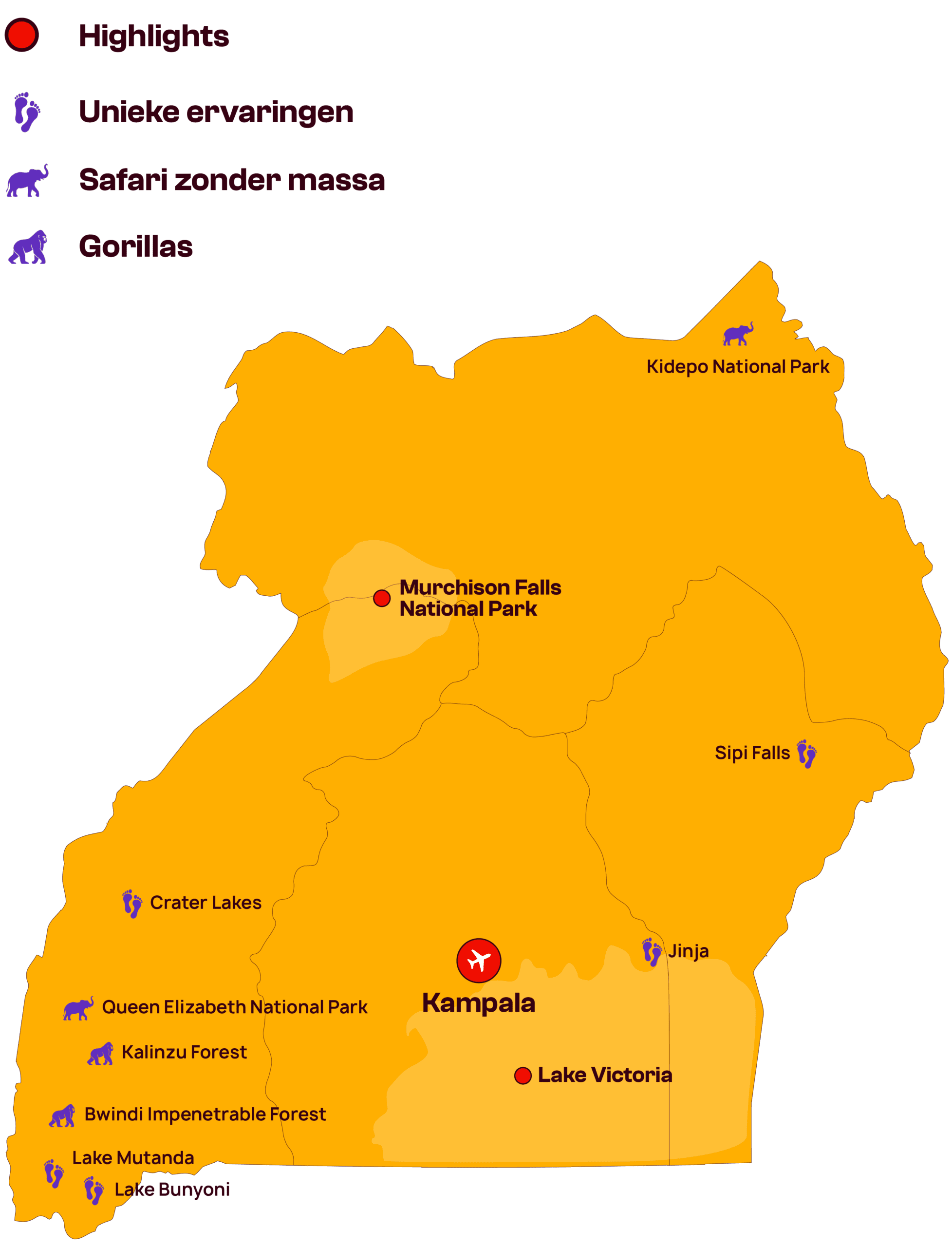 Een kaart van Uganda met nationale parken, meren, Jinja en Kampala. Pictogrammen markeren locaties voor gorilla's, unieke ervaringen en safari's. Lake Victoria, Murchison Falls en Bwindi Impenetrable Forest zijn gelabeld.
