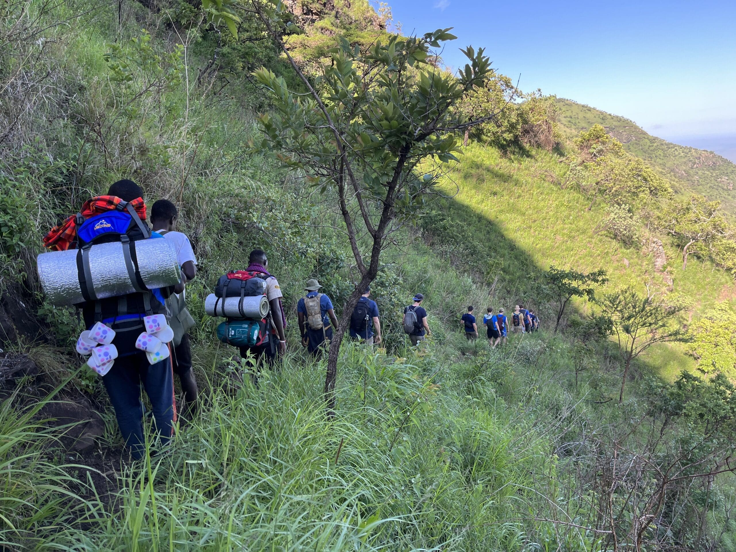 A group of hikers with backpacks and camping gear walk in a single file along a narrow, grassy mountain trail in Uganda, surrounded by green hills under a clear blue sky—perfect for those travelling across Africa’s stunning landscapes.
