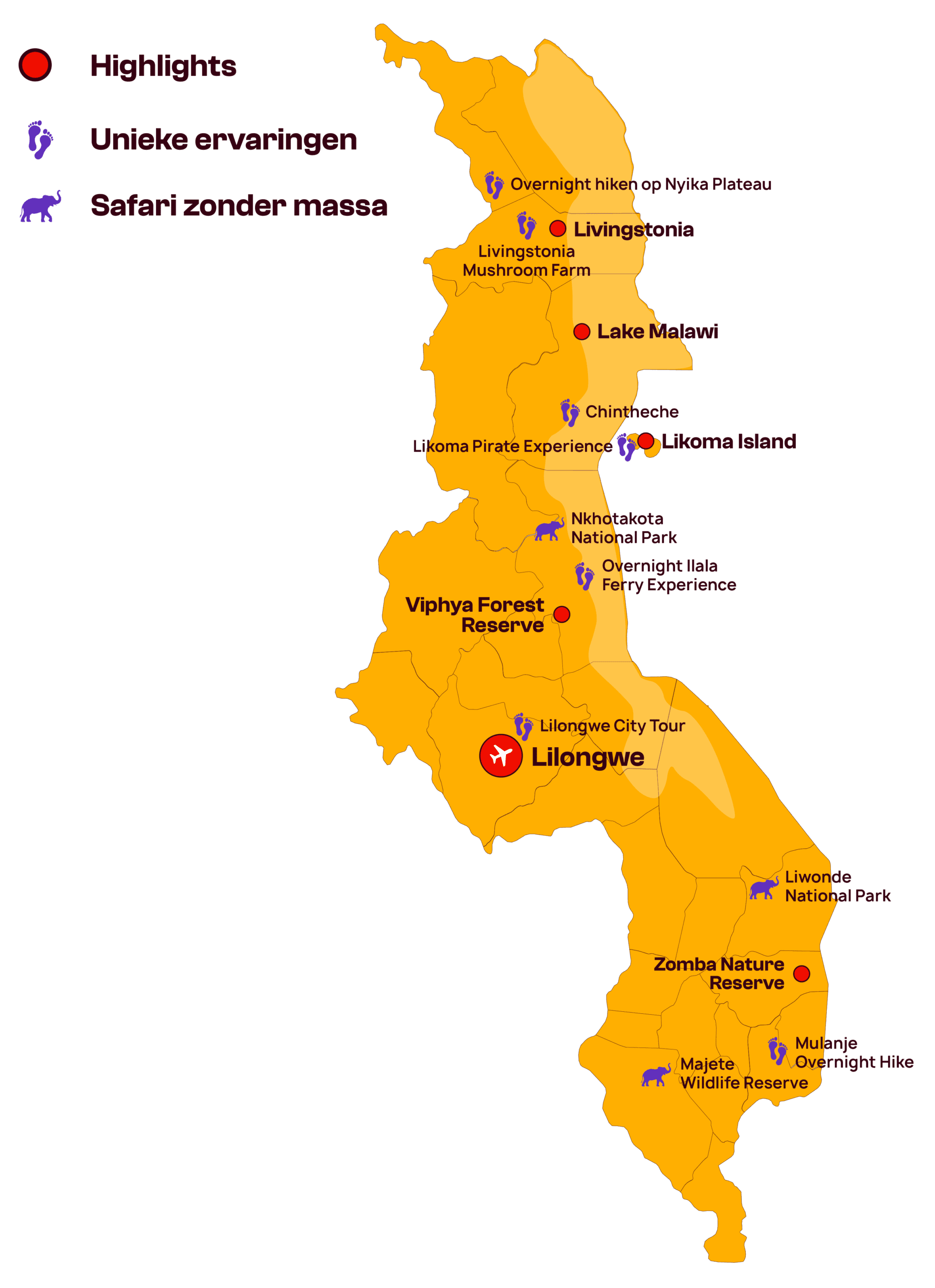 Kaart van Malawi met toeristische attracties, waaronder Lilongwe, Lake Malawi, Likoma Island, Viphya Forest Reserve, Zomba Nature Reserve en Livingstone, met pictogrammen voor unieke ervaringen en safari's zonder massa's.
