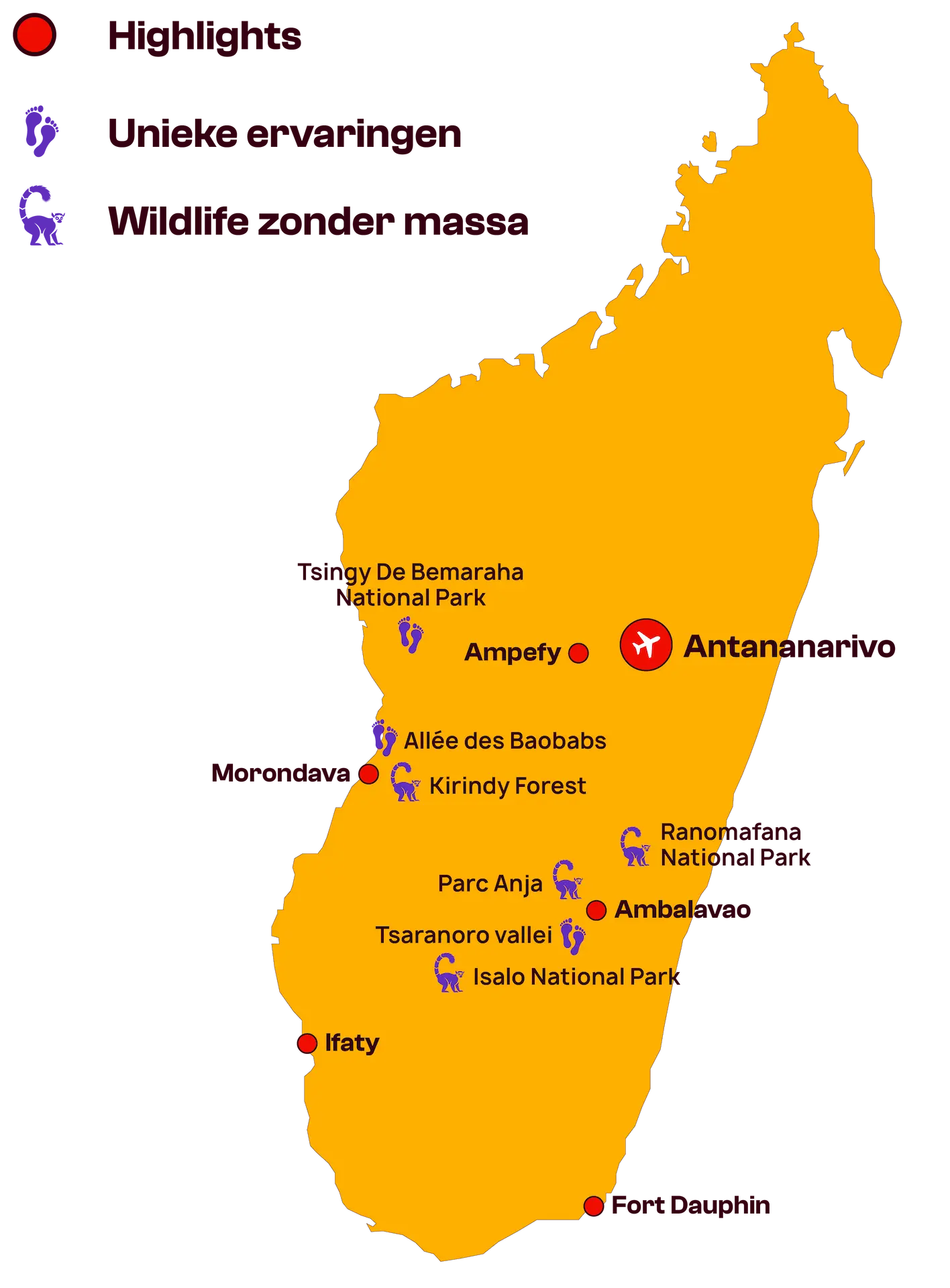 Kaart van Madagaskar in oranje, waarop de locaties van bezienswaardigheden (rode cirkels), unieke ervaringen en rustige safari’s (paarse pictogrammen) met bijschriften zijn aangegeven, waaronder Antananarivo, diverse nationale parken en kustplaatsen. Er wordt Nederlandse tekst gebruikt.