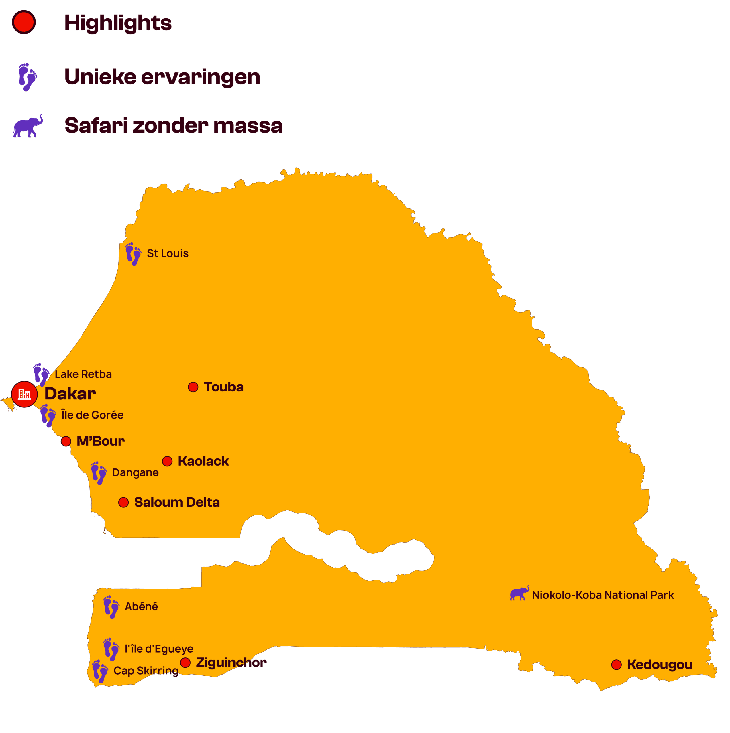 Een vereenvoudigde oranje kaart van Senegal met gelabelde steden en oriëntatiepunten. Dakar is gemarkeerd met een rood pictogram; paarse pictogrammen markeren unieke ervaringen en minder drukke safariplekken. Tekst is in het Nederlands.