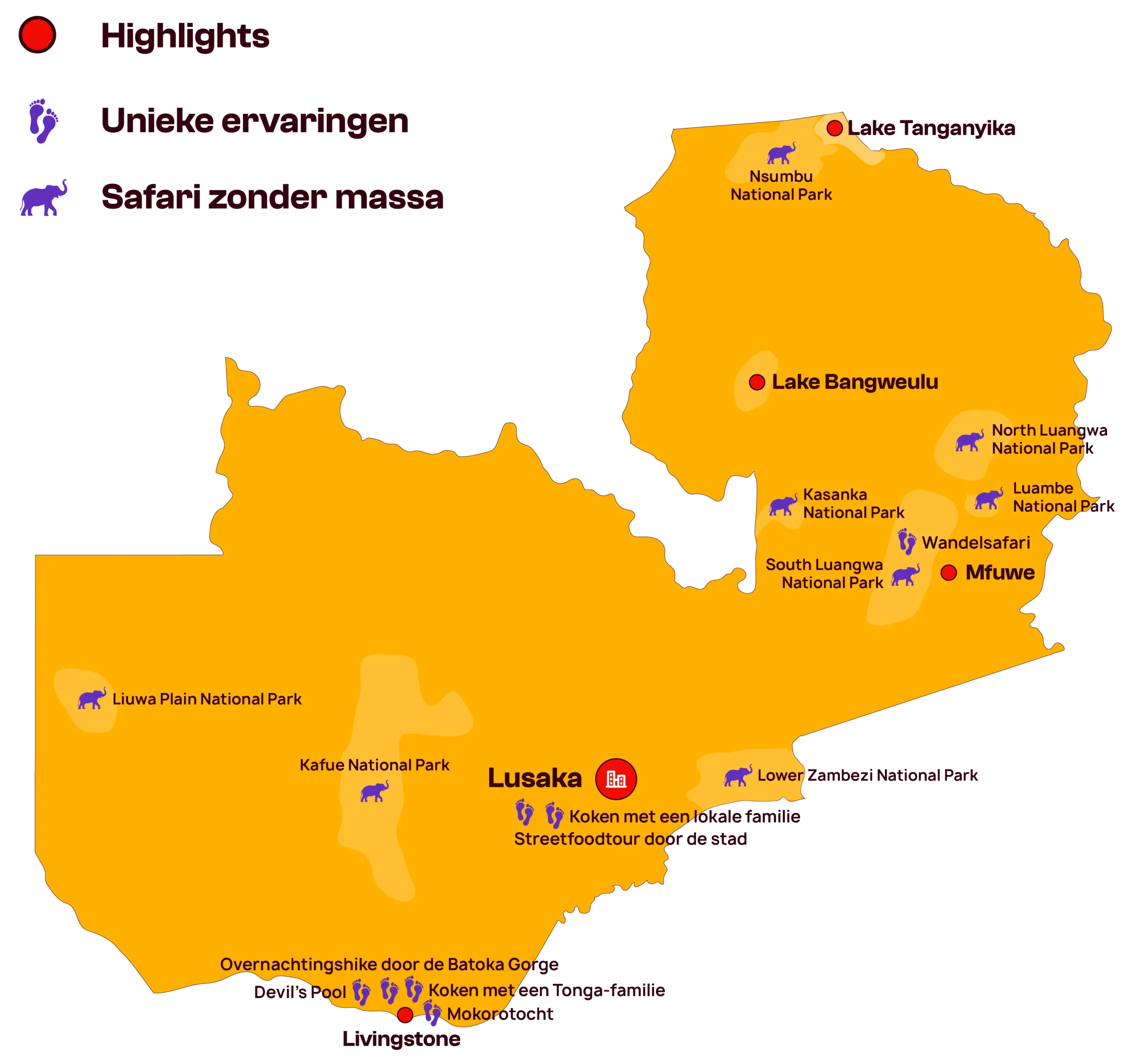 Kaart van Zambia waarop nationale parken, meren en safaribestemmingen zijn aangegeven, met pictogrammen voor unieke ervaringen, safaris zonder drukte en bezienswaardigheden. De locaties en ervaringen zijn in het Nederlands aangegeven.