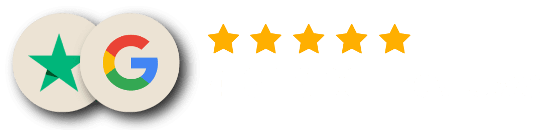 Zwei runde Symbole, eines mit einem grünen Stern und eines mit dem Google-Logo, neben fünf goldenen Sternen und dem Text 4.8 | 800+ Bewertungen in Hellgrau.
