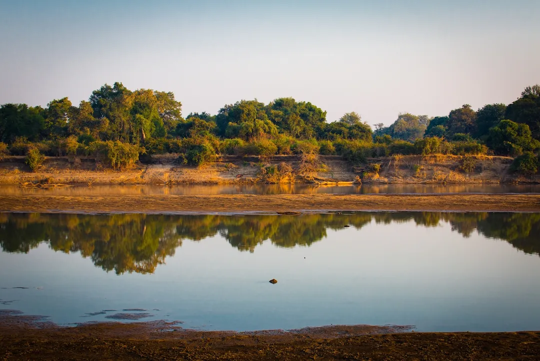 Een rustige rivier weerspiegelt weelderig groene bomen en een zanderige oever onder een helderblauwe hemel, waardoor een sereen en vredig landschap ontstaat.