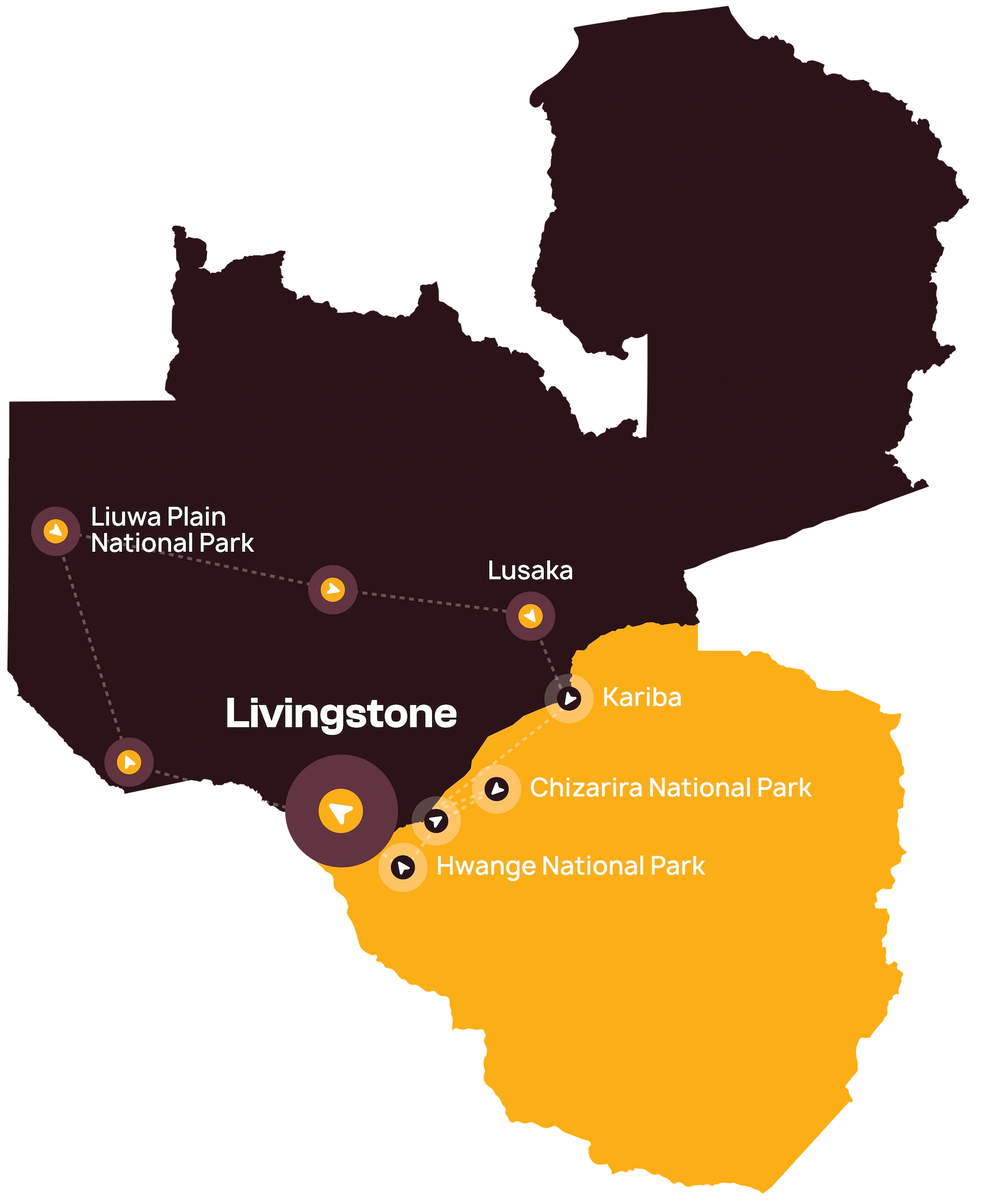 Kaart waarop delen van Zambia (donkerbruin) en Zimbabwe (geel) zijn gemarkeerd, met steden als Lusaka, Kariba en Livingstone, en nationale parken zoals Liuwa Plain, Chizarira en Hwange, met de verbindende reisroutes.