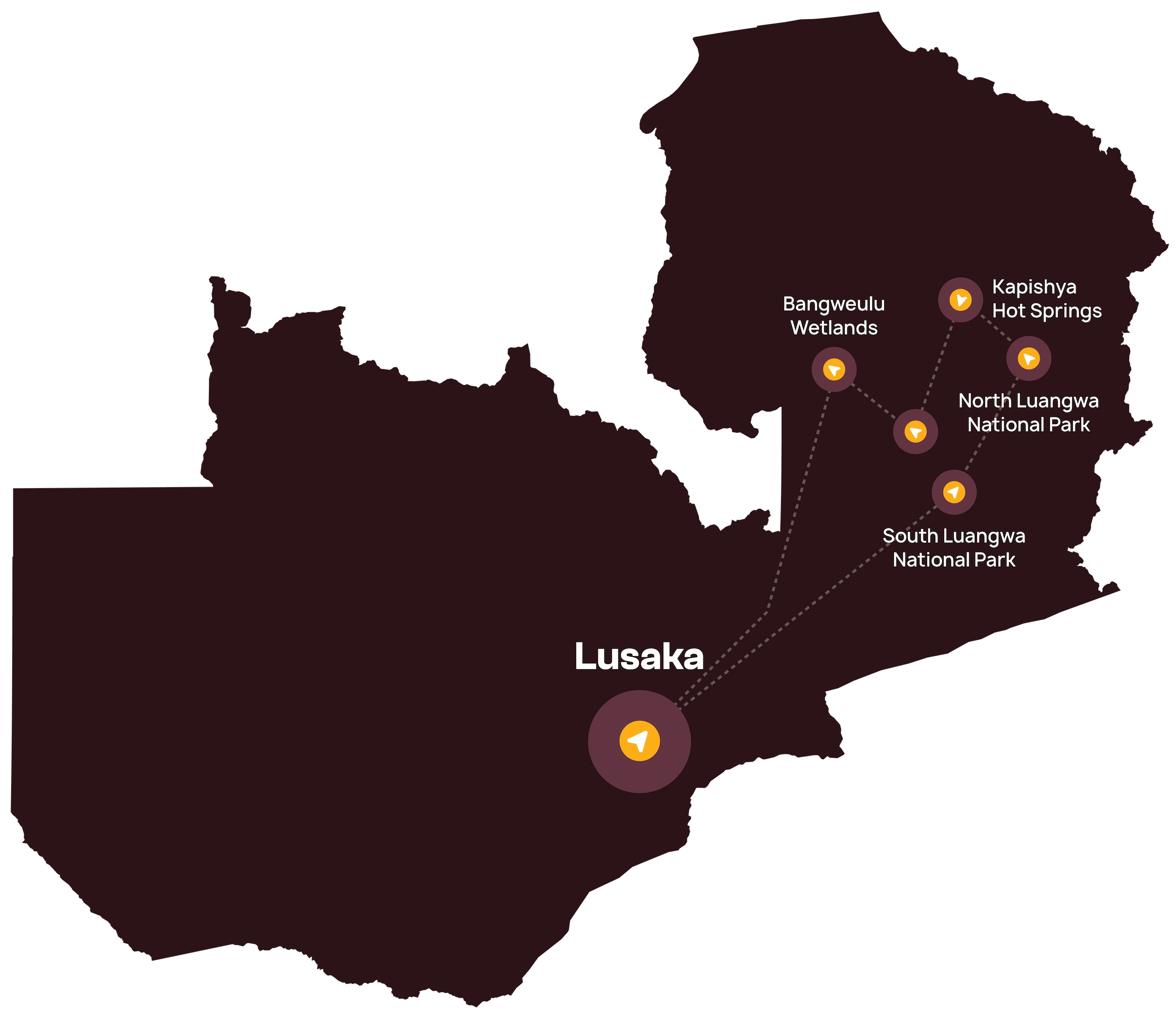 Op een kaart van Zambia zijn Lusaka en de routes naar de Bangweulu-moerassen, de warmwaterbronnen van Kapishya, het North Luangwa National Park en het South Luangwa National Park aangegeven.
